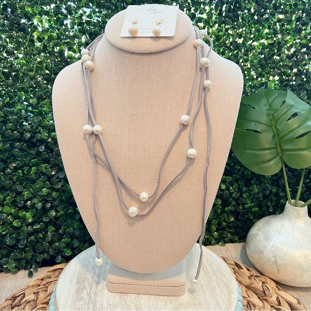 New Faux Pearl and Gray Suede Long Wrap Necklace and Earrings Set | Boutique